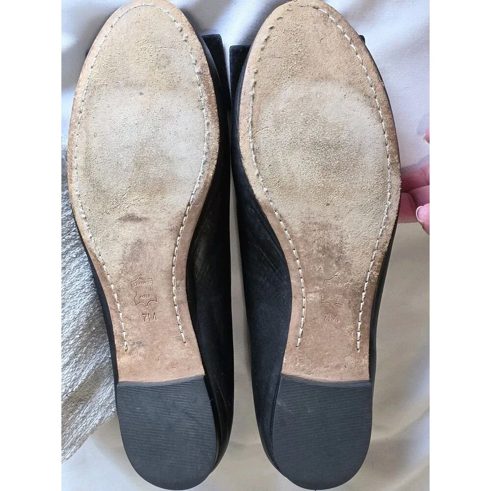 Tory Burch Black Leather Ballet Flats Suede Bow Tortoise Accent Women's 7.5M